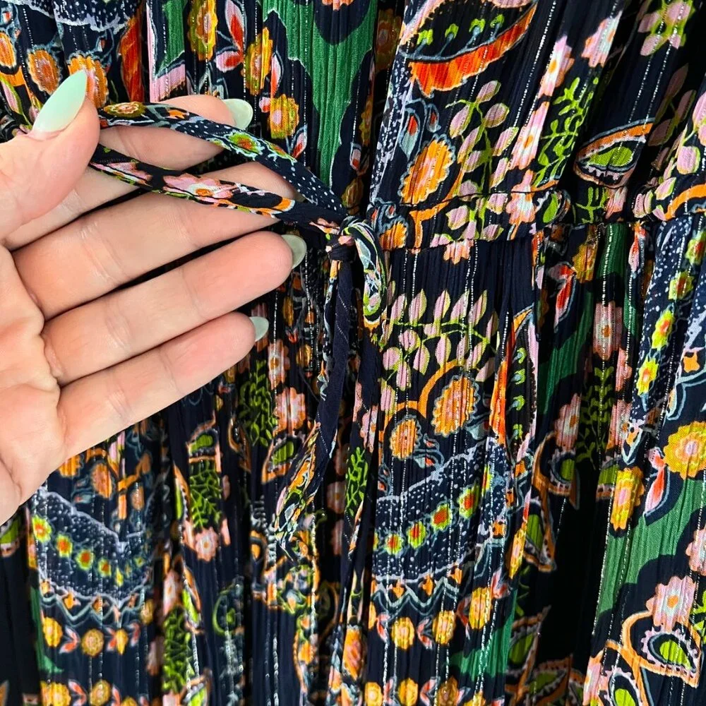 Anthropologie Green Paisley Midi Dress with Navy & Pink Accents